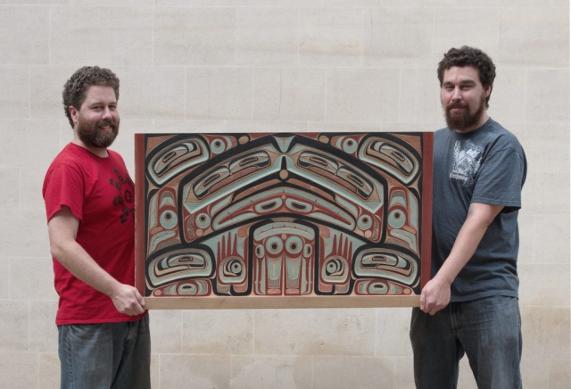 Jaalen and Gwaai holding the replica box bringing it home on October 10th. Photo: Pitt Rivers Museum/Michael Peckett