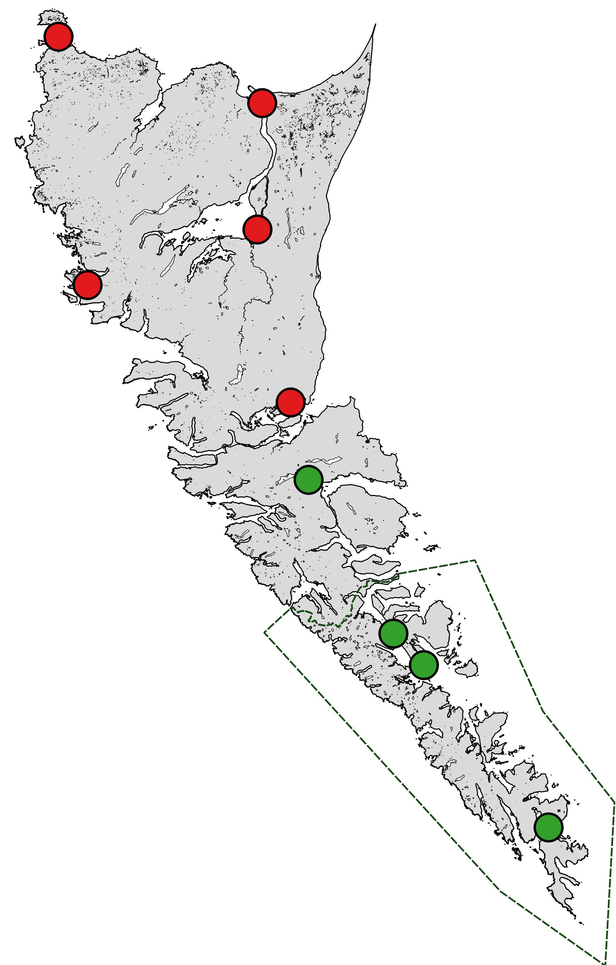Map of settlement plate sites. The red dots represent sites put out and collected by HOTT/Haida Fisheries staff, while the green dots represent sites where settlement plates were put out and collected by Gwaii Haanas staff. Map credit: Haida Nation/Stu Crawford, Marine Planning.